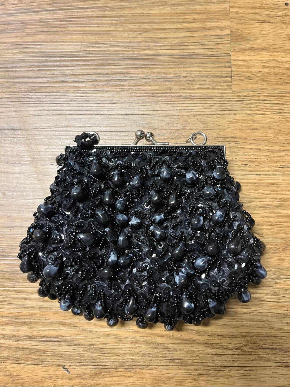Vintage Black Beaded Sequin Kisslock Clutch Coin Purse + Bonus Extra Beads